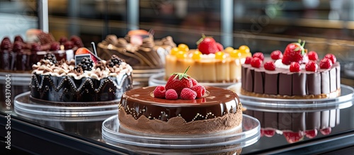 Assorted cakes with icing in bakery cabinet. Chocolate and cherry tart on display at culinary center.