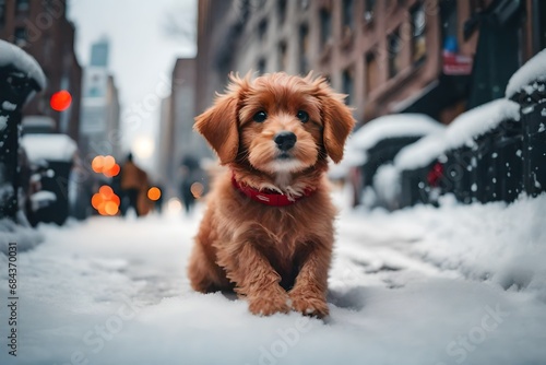 Cinematic, stunning, minimalist, thin lightweight light cute red fluffy puppy laying in box in heavy snowy new york city street sitting around walking a lot of people, running around etc. . beautiful  photo