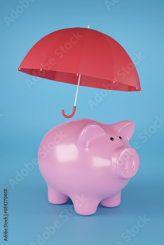 Piggy bank with umbrella isolated on blue background. 3d illustration.