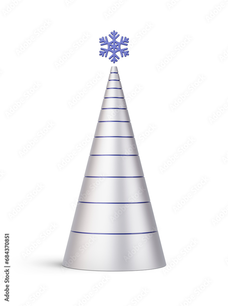 Fototapeta premium Blue and silver Christmas tree in elongated abstract cone shape. New Year's decoration isolated on transparent background. 3D render
