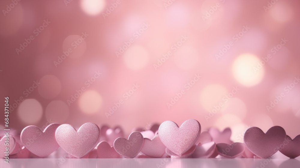 Background with pink bokeh hearts festive for Valentine's Day