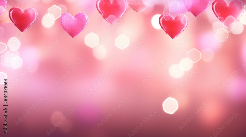 Background with pink bokeh hearts festive for Valentine's Day