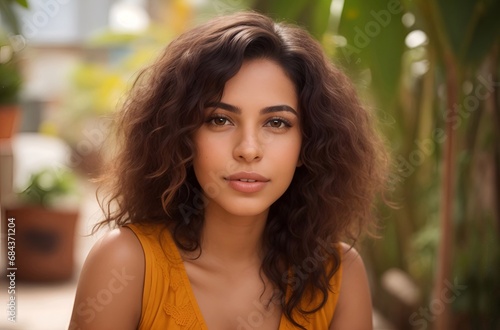Portrait of a beautiful Latin American Brazillian brunette woman on a blurry background with bokeh. 