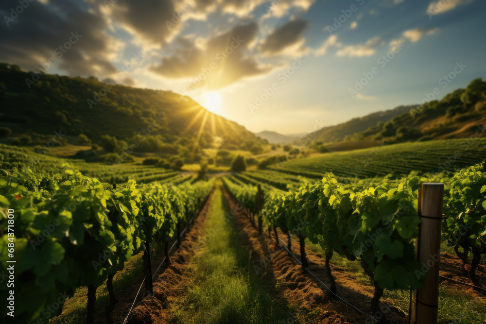 Fototapeta premium The sun setting over a vineyard, casting long shadows between rows of grapevines. Concept of viticulture and winemaking. Generative Ai.