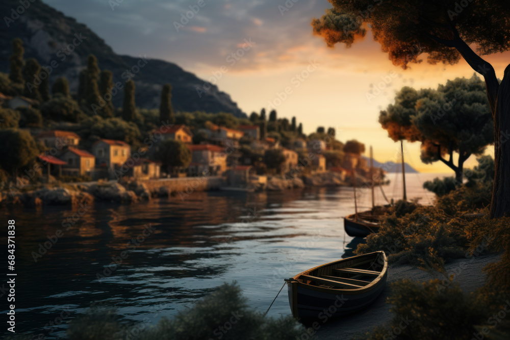 A peaceful seaside village at sunset, with fishing boats anchored in the harbor. Concept of coastal communities and traditions. Generative Ai.