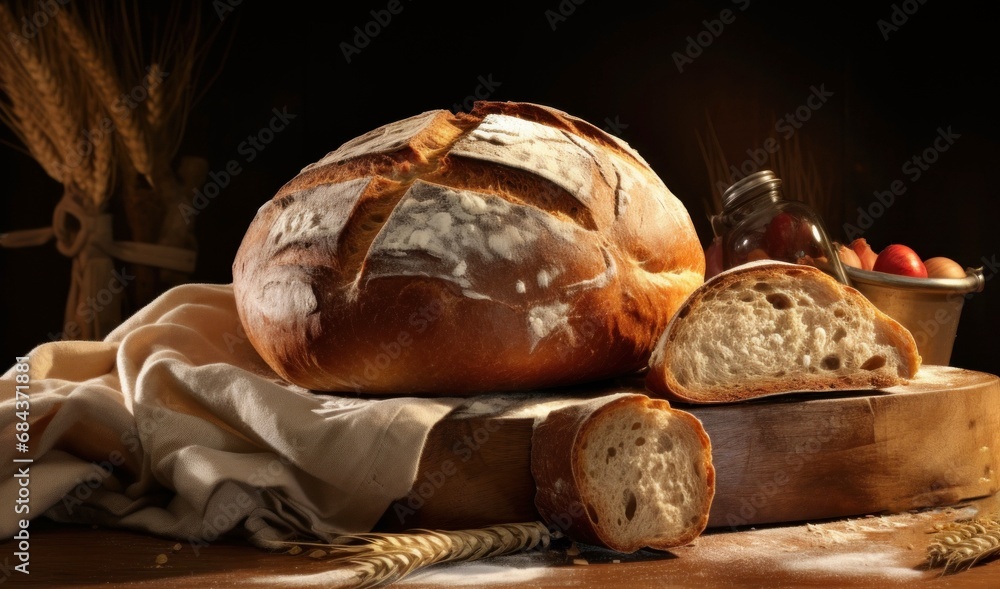 Homemade bread on rustic table on a dark background. Delicious freshly baked white bread from organic whole grain wheat flour. Healthy food. For bakery, food blog, recipe book, cafe, restaurant
