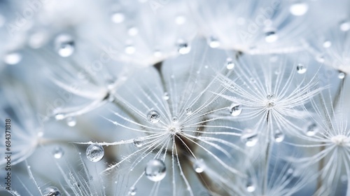 A close-up of a dew-covered dandelion seed head, with open space for text integration.