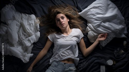 Femme pleurant dans son lit sous le coup d'une intense tristesse et envie de mourir photo