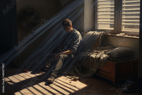 Peinture digitale d'un homme en dépression prostré dans le noir dans son canapé photo