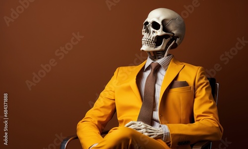 Stylish male skeleton in a vibrant yellow suit, elegantly posed in armchair, on dark orange background with copy space. Big boss. Fashionable skeleton businessman. Funny character © Jafree