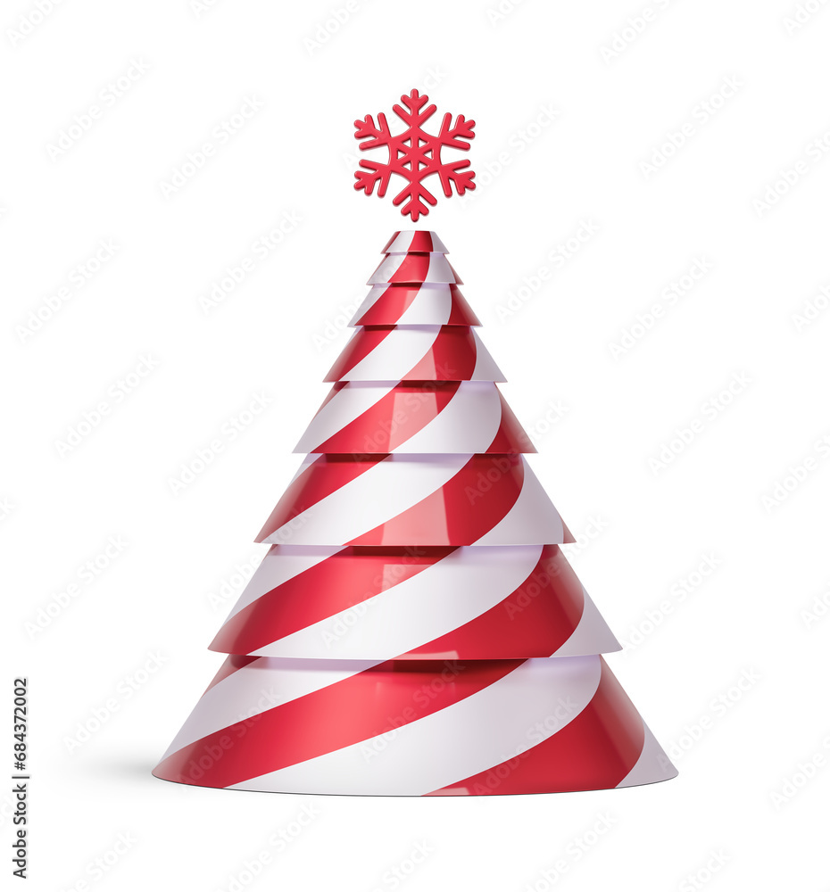 Red and silver Christmas tree in abstract cone shape. New Year's decoration isolated on transparent background. 3D render Red and silver Christmas tree in abstract cone shape. New Year's decoration isolated on transparent background. 3D render