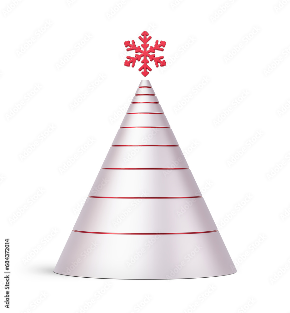 Red and silver Christmas tree in abstract cone shape. New Year's decoration isolated on transparent background. 3D render Red and silver Christmas tree in abstract cone shape. New Year's decoration isolated on transparent background. 3D render