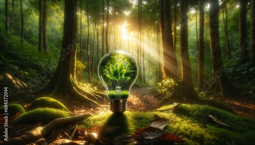 Light bulb with plant in nature - renewable energy source, sustainable development and responsible environmental ecology concept