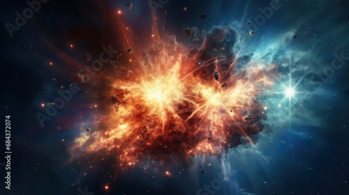 Galactic Blaze. Explosions in space with fiery flashes. A digital art representation of a cosmic burst. Big cosmic explosion in space against the background of stars and galaxies.