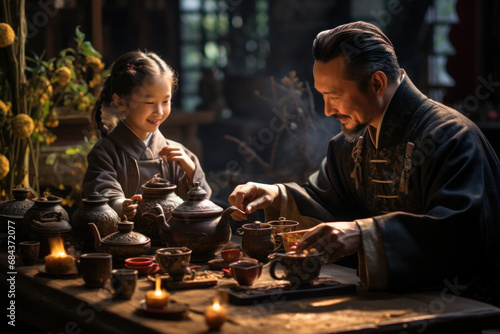 A family of tea enthusiasts participating in a traditional Chinese tea ceremony. Concept of tea culture and mindfulness. Generative Ai.
