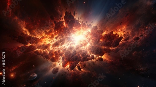 Explosions in space with fiery flashes. A digital art representation of cosmic burst. Big cosmic explosion in space against the background of stars and galaxies.