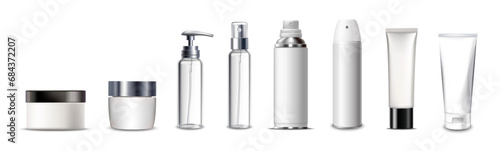 White clean bottle for cosmetic ad. Realistic cosmetic aerosol, deodorant or sprayer clear bottle package mockups. photo
