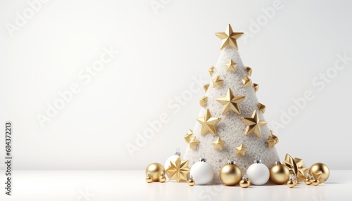 Deco Christmas tree made of white felt covered with golden stars  Christmas tree baubles in white and gold at the bottom  white background  copy space