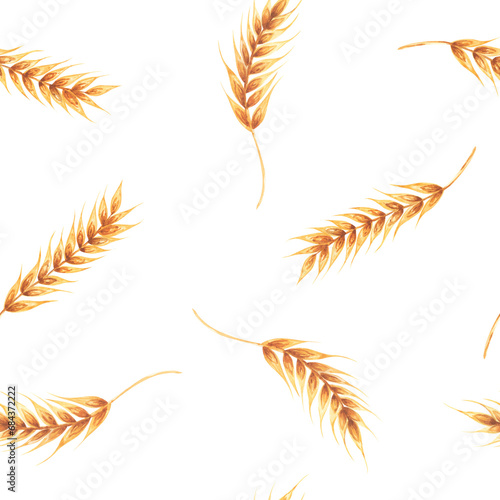 Ears wheat spikelets on a white background. Watercolor seamless pattern hand drawn. For textile, fabric, wallpaper