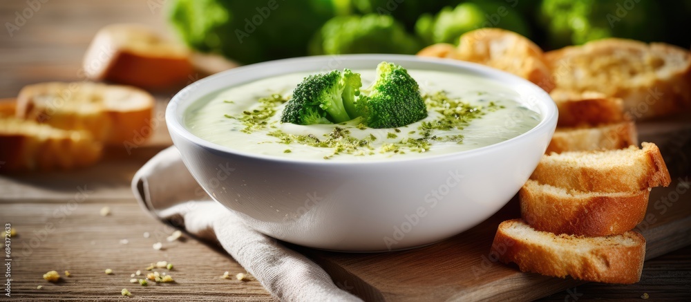 Broccoli cream soup with olive oil, pepper, and toasted bread on a rustic white wooden table. Broccoli cream soup with olive oil, pepper, and toasted bread on a rustic white wooden table.