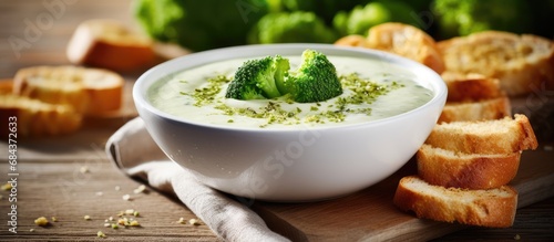Broccoli cream soup with olive oil, pepper, and toasted bread on a rustic white wooden table.