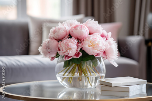 Bouquet of Pink Peonies and Books on the Side Table in a Modern Living Room
