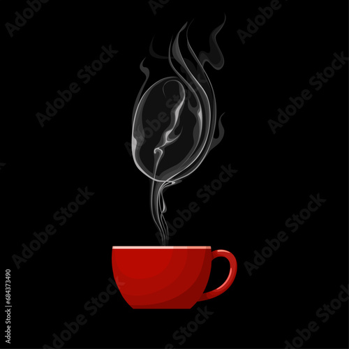 Vector illustration, cup of hot coffee, with steam in the shape of coffee beans, isolated on dark background.