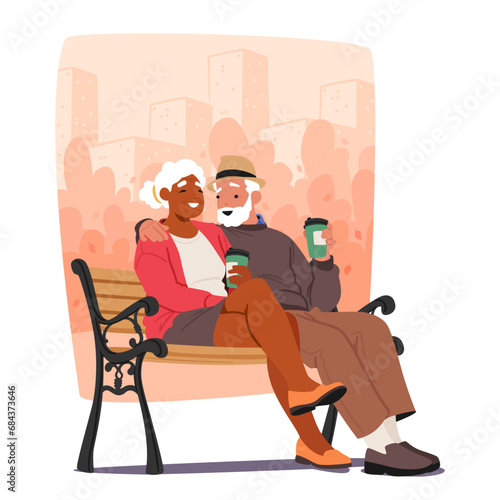 Senior Couple Sips Warm Coffee On A Park Bench, Surrounded By Autumn Hues. Leaves Dance In The Crisp Air