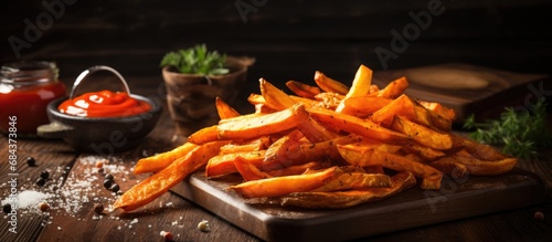 Baked orange sweet potato fries with ketchup, salt, pepper on wooden board