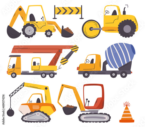 Bulldozers, Cranes, Excavators, And Dump Trucks with Concrete Mixer and Demolator Construction Vehicles