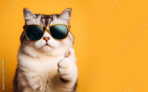 Cat wearing sunglasses and giving thumb up on a solid yellow background. Copy space for text, advertising, message, logo