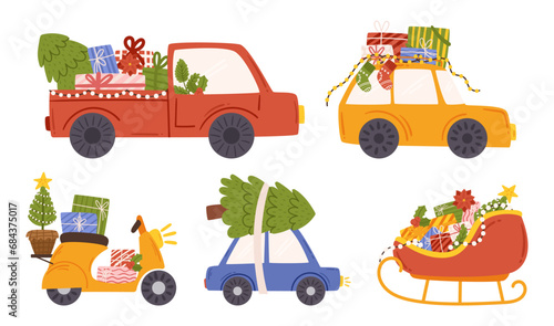 Christmas Cars, Scooter And Sled Adorned With Twinkling Lights And Festive Decor, Zooming Through Snowy Streets