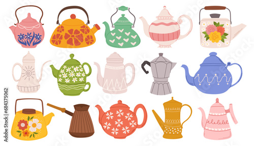 Teapot Collection, Whimsical And Diverse Crockery Set, Boasts An Array Of Shapes And Colors, Vector Illustration