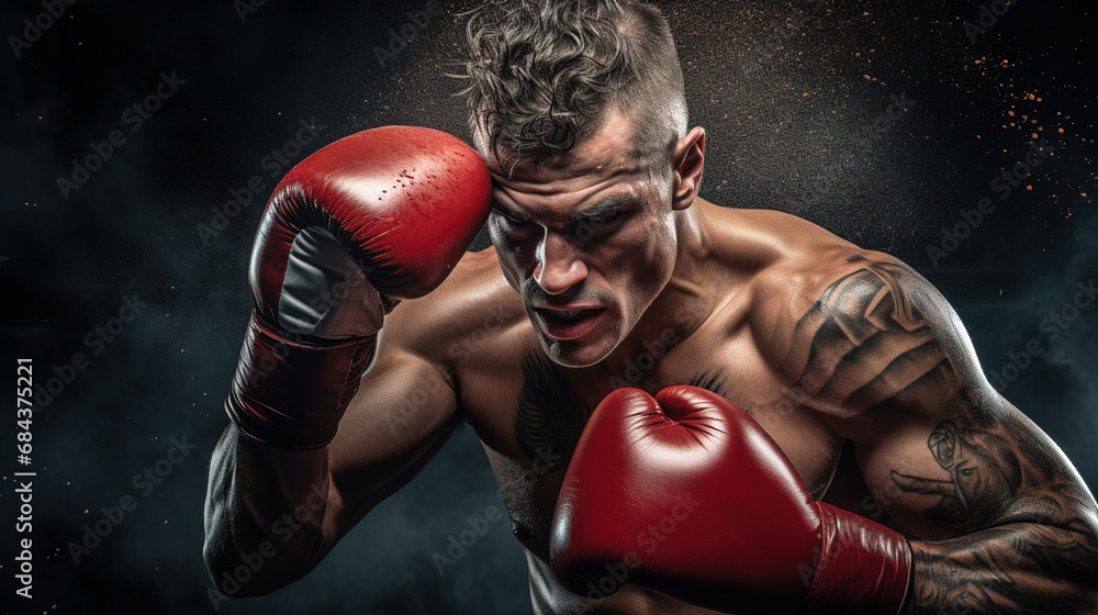 Cool looking photo of boxer punching on boxing ring. - obrazy, fototapety, plakaty 