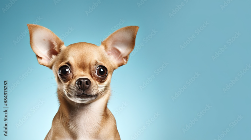 Adorable chihuahua dog isolated on light blue background. Copyspace for text.