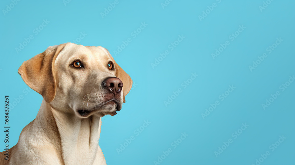 Adorable labrador retriever dog isolated on light blue background. Copyspace for text.