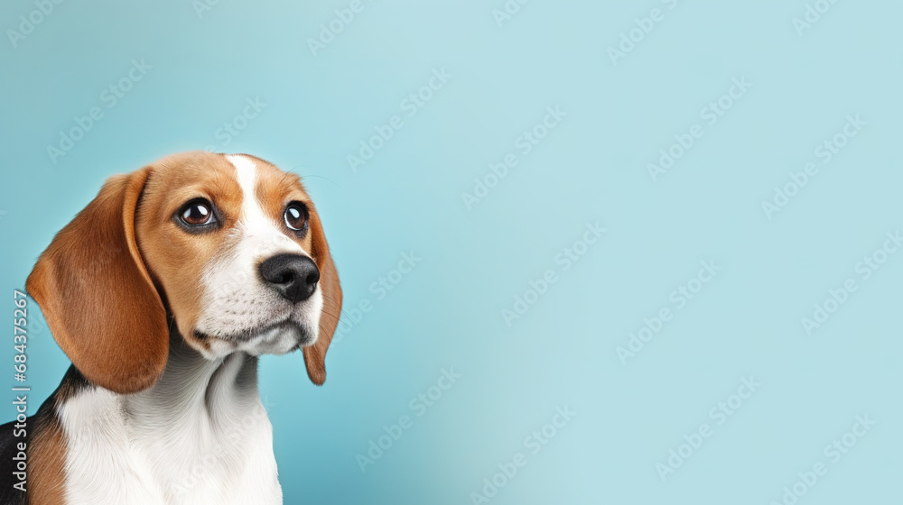 Adorable beagle dog isolated on light blue background. Copyspace for text.