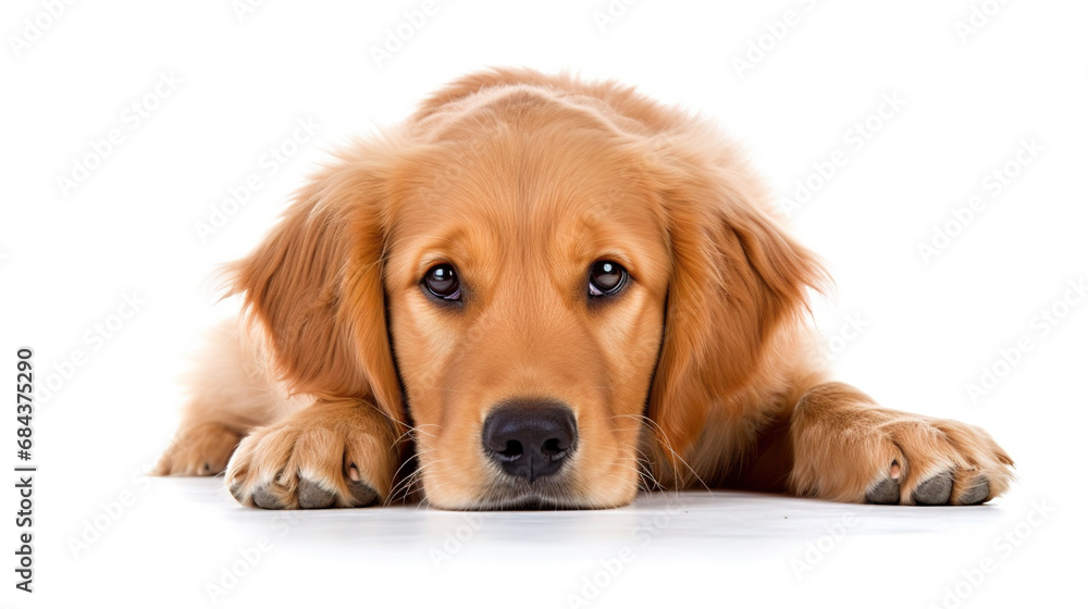 Sad golden retriever dog isolated on white background.