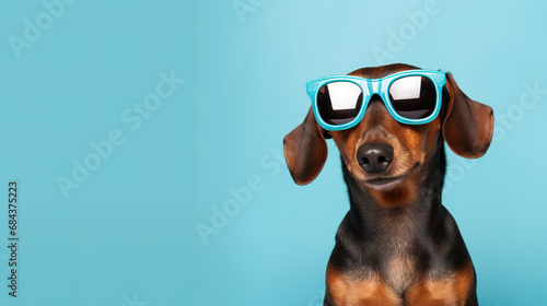 Adorable Dachshund dog wearing sunglasses isolated on light blue background. Copyspace for text.