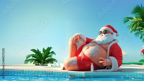 Ilustração 3D do Papai Noel gordinho relaxando na piscina, vestindo sunga vermelha, com loção espalhada na pele, óculos de sol estilosos e usando protetor solar no rosto em um dia ensolarado. photo