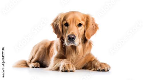 Sad golden retriever dog isolated on white background.