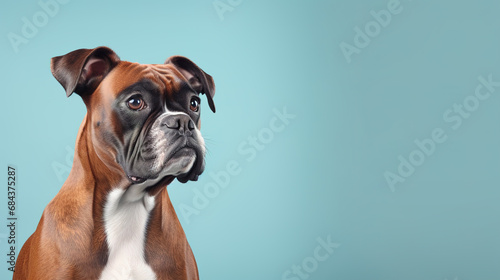 Adorable boxer dog isolated on light blue background. Copyspace for text.