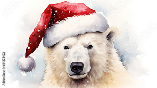 Watercolor painting of polar bear wearing Santa hat for christmas festival.