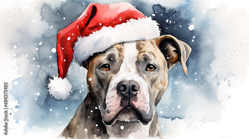 Watercolor painting of happy american pitbull terrier dog wearing Santa hat for christmas festival. photo