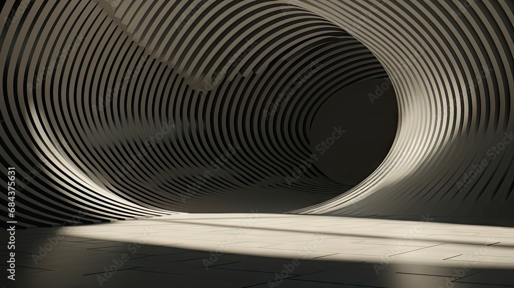 Obraz premium Abstract composition with wooden circles and geometric shapes in a room with light and shadow play.