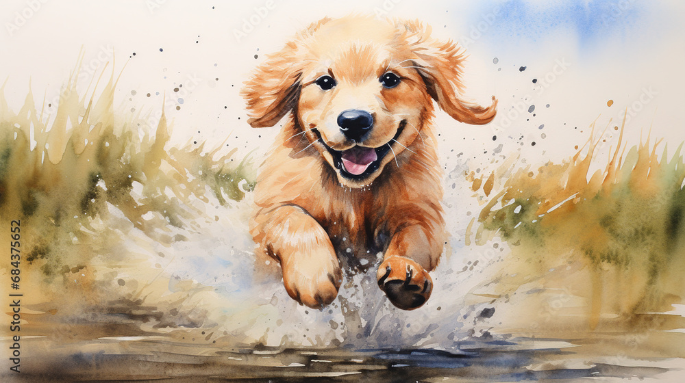 Watercolor painting of golden retriever puppy dog running. - obrazy, fototapety, plakaty 