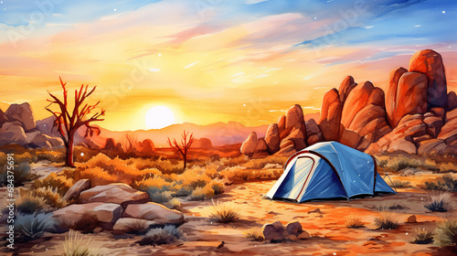 Watercolor painting of campsite in joshua tree national park during sunrise or sunset.