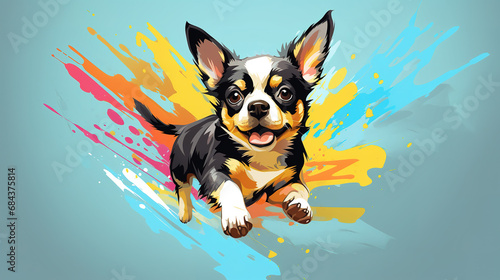 Adorable Chihuahua puppy dog running in mixed grunge colors illustration. Colorful minimal vector art. © Tepsarit