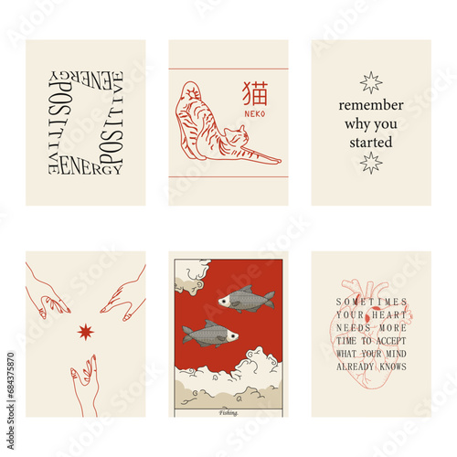 Set of positive social media quotes, motivation posters on trendy abstract background in neutral colors (Japanese text translation: cat).