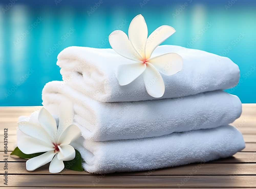A clean soft Spa Towels with flowers on it, message elements, bathroom A clean soft Spa Towels with flowers on it, message elements, bathroom